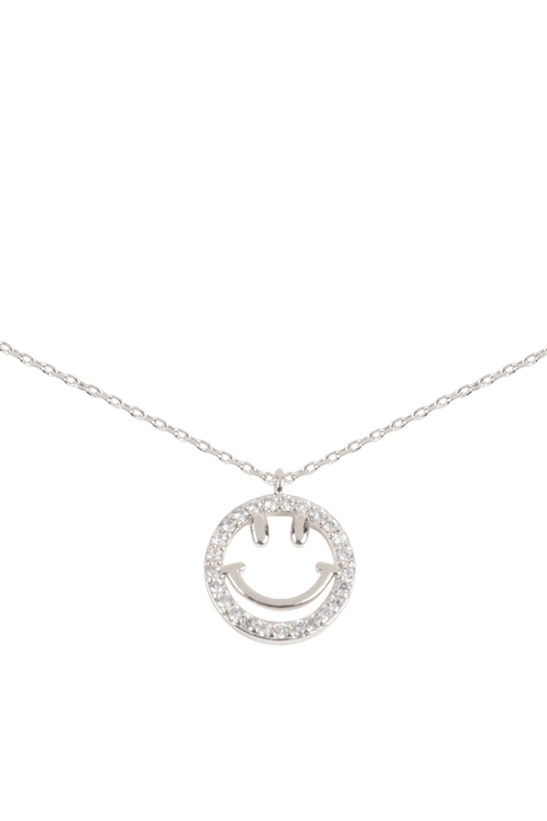 S1-1-3-PN2122RCR - SMILEY PAVE CUBIC ZIRCONIA PENDANT NECKLACE - SILVER CRYSTAL/6PCS