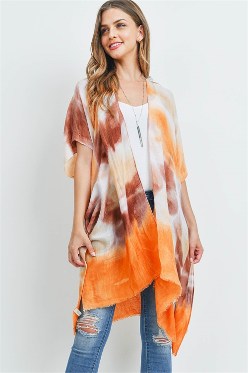 S21-7-1-PN213X030V - TIE DYE OPEN FRONT KNEE LENGTH KIMONO-ORANGE/6PCS