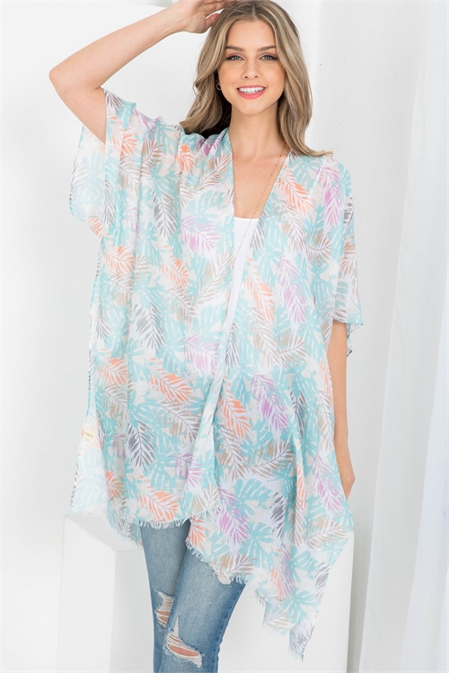 S19-11-5-PN213X036 - LEAF PRINT  OPEN FRONT KIMONO - TURQUOISE/6PCS