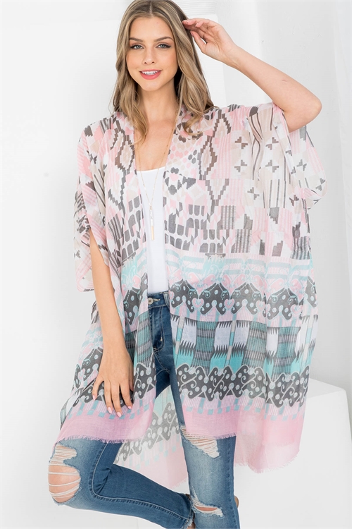 S18-8-5-PN213X046 - AZTEC PRINT BOHO OPEN PRINT KIMONO - PINK/6PCS