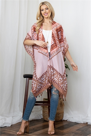 S20-8-1-PN213X054 - TRIBAL PRINT TASSEL OPEN FRONT KIMONO-MAUVE/6PCS