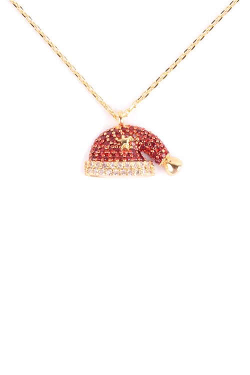 A2-2-4-PN2227GRED - PAVE CUBIC ZIRCONIA CHRISTMAS HAT PENDANT NECKLACE-GOLD RED/6PCS