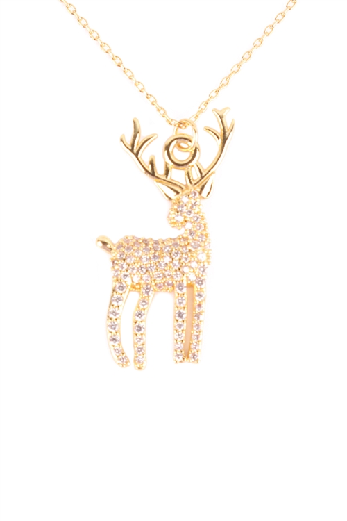 A2-3-2-PN2229GCR - PAVE CUBIC ZIRCONIA REINDEER PENDANT NECKLACE-GOLD CRYSTAL/1PC