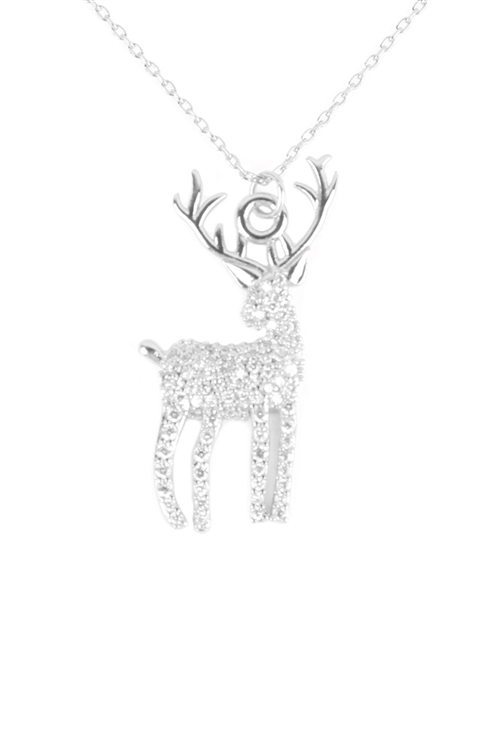 A2-3-2-PN2229RCR - PAVE CUBIC ZIRCONIA REINDEER PENDANT NECKLACE-SILVER CRYSTAL/1PC