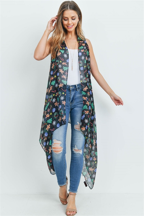 S17-5-4-PN222X021- BLACK PRINTED PINE TREE KIMONO VEST/6PCS