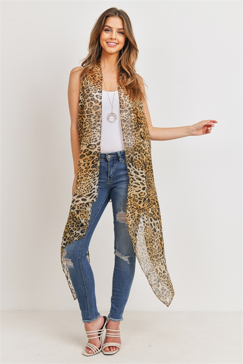 S20-8-5-PN222X036- KNEE LENGTH PRINTED LEOPARD KIMONO VEST/6PCS