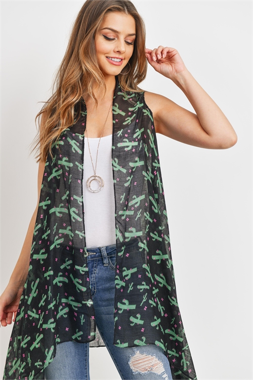 S19-9-6-PN222X050-BLACK KNEE LENGTH PRINTED CACTUS KIMONO VEST/6PCS