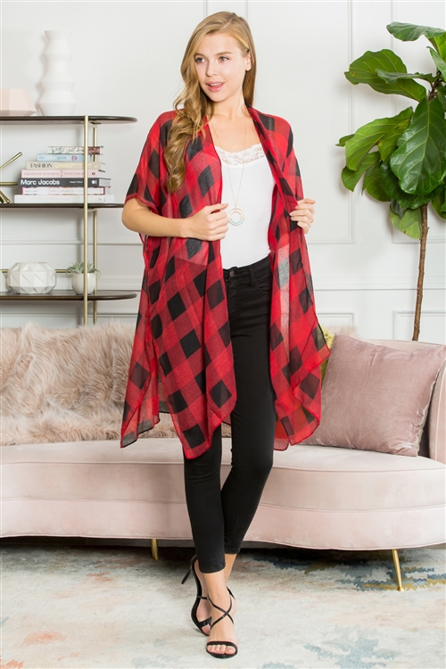 S19-9-5-PN222X058-BLACK AND RED OPEN FRONT PLAID KIMONO/6PCS