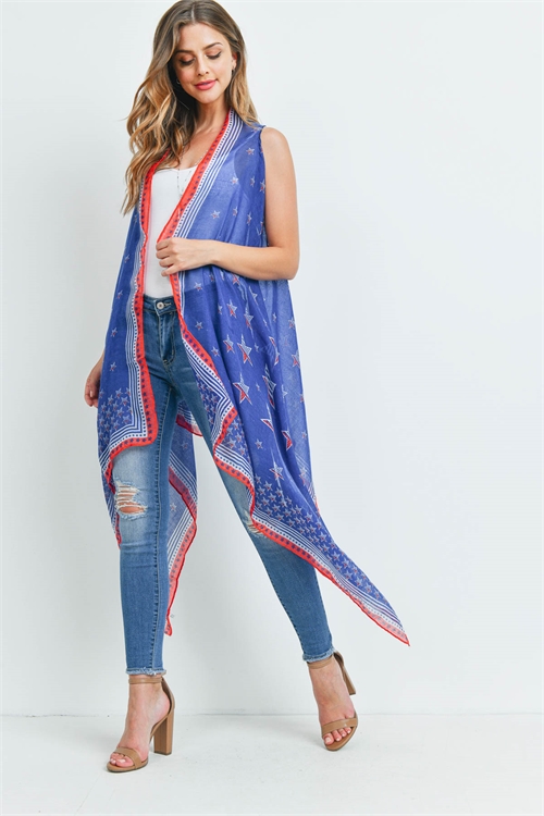 S21-8-3-PN222X063AM - USA ACCENT STAR OPEN FRONT KIMONO VEST-BLUE/6PCS