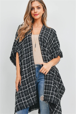 S19-8-3-PN222X074G - PLAID KNIT OPEN FRONT KIMONO - BLACK/6PCS