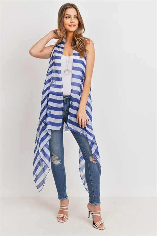 S19-11-5-PN222X100- PRINTED STRIPE BLUE  SHEEP WHEEL KIMONO VEST /6PCS