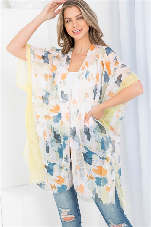 S20-11-2-PN222X212 - PAINT SPLATTER PRINT THIGH LENGTH KIMONO - YELLOW/6PCS (NOW $6.75 ONLY!)