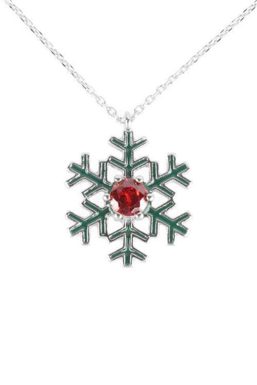 A2-3-2-PN2241RRED - SNOWFLAKE CENTER STONE CUBIC ZIRCONIA PENDANT NECKLACE-SILVER RED/6PCS