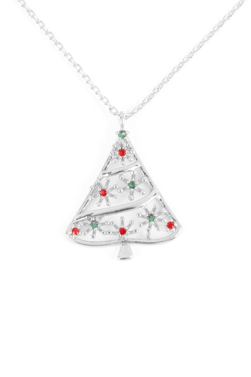 A2-3-2-PN2243RMT - CUBIC ZIRCONIA CHRISTMAS TREE RED GREEN PENDANT NECKLACE- SILVER MULTICOLOR/6PCS