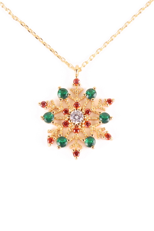 A2-2-4-PN2279GMT - CUBIC ZIRCONIA SNOWFLAKE RED GREEN PENDANT NECKLACE-GOLD MULTICOLOR/6PCS