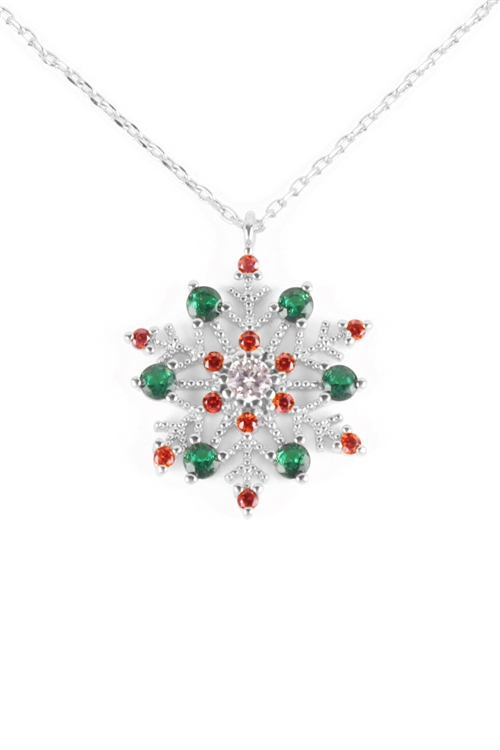 A2-2-4-PN2279RMT - CUBIC ZIRCONIA SNOWFLAKE RED GREEN PENDANT NECKLACE-SILVER MULTICOLOR/6PCS