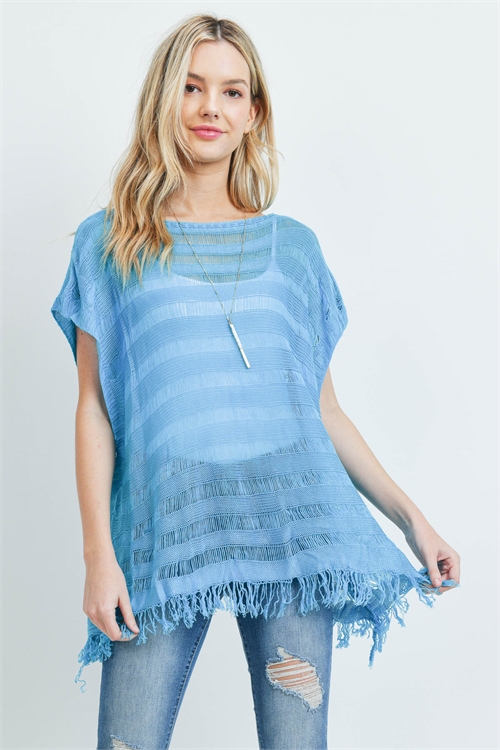 S29-9-4-PN231X009T - SHORT SLEEVES SEE THROUGH KNITTED TASSEL TOP - BLUE/6PCS