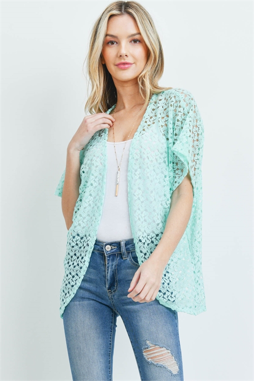 S29-7-4-PN231X017R2 - HIP LENGTH CROCHET KIMONO - TURQUOISE/6PCS