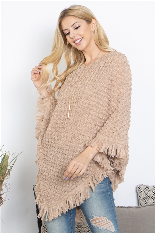 S23-11-4-PN263X025 - CROCHET NET FRINGE WARMER PONCHO-BROWN/1PC