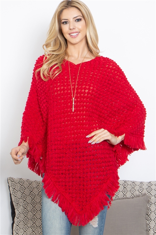 S21-4-2-PN263X026 - CROCHET NET FRINGE WARMER PONCHO-RED/6PCS