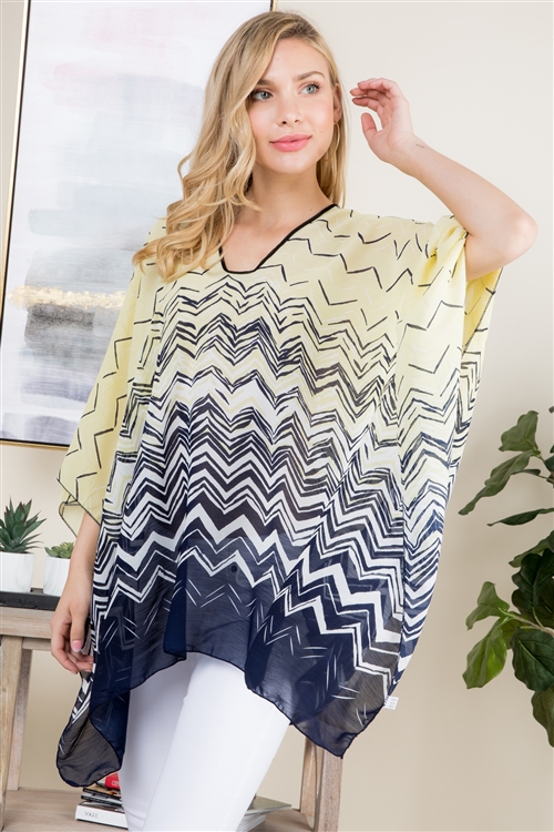 S21-6-4-PN291X002Y - GEOMETRIC PATTERN THREE TONE PONCHO - YELLOW NAVY/6PCS