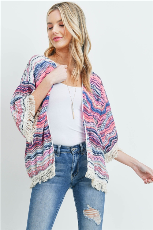 S18-10-3-PN291X008D - OPEN FRONT ZIGSAG MULTICOLOR  FRINGE KIMONO/6PCS