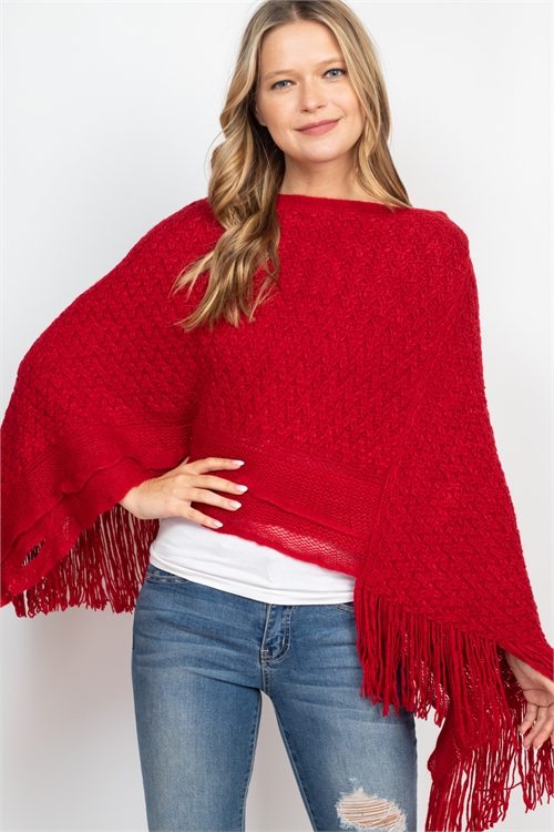 S17-1-4-PN305X011F - PATTERN KNITTED FRINGE PONCHO - RED/6PCS