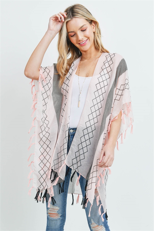 S28-7-4-PN323X006P - OPEN FRONT GEOMETRIC PATTERN TASSEL KIMONO - PINK/6PCS