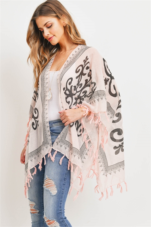 S29-7-4-PN323X013P - OPEN FRONT GRAPHIC PRINTED TASSEL KIMONO-PINK/6PCS