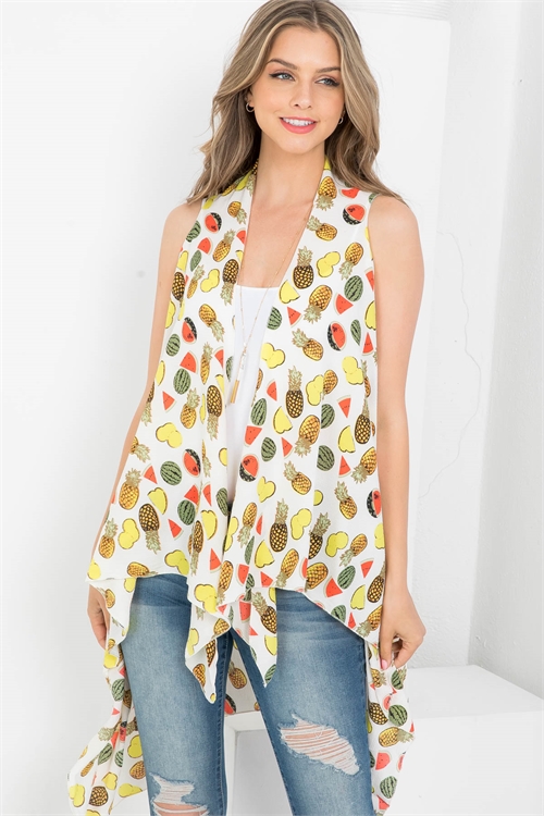 SA4-1-3-PN328X009L - LONG OPEN FRONT TROPICAL FRUIT KIMONO VEST - LIGHT/6PCS