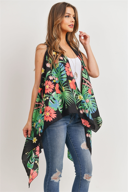 S19-5-4-PN328X021G-BLACK OPEN FRONT FLORAL PRINT KIMONO VEST/1PC