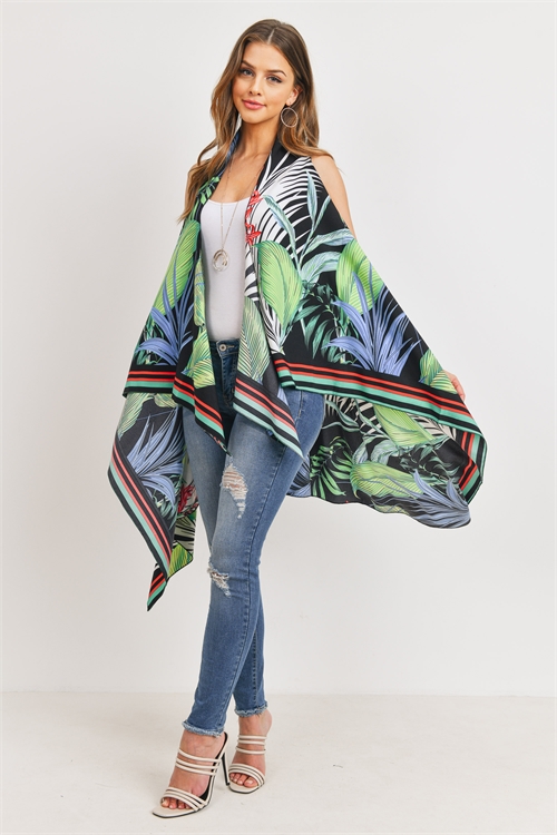 S20-8-5-PN328X043G-BLACK TROPICAL PLANT PRINT OPEN FRONT KIMONO VEST/6PCS