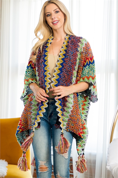 S19-11-3-PN328X049 - MULTICOLOR KNIT ZIGZAG PATTERN TASSEL KIMONO-DARK MULTI/6PCS