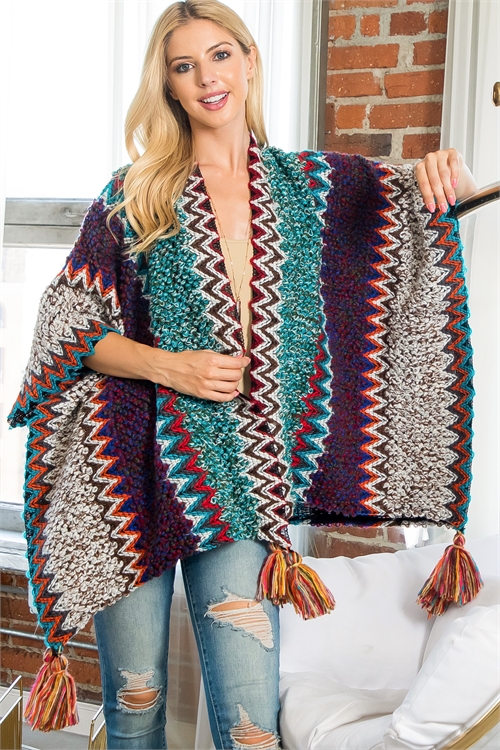 S18-10-2-PN328X050 - MULTICOLOR KNIT ZIGZAG PATTERN TASSEL KIMONO-TURQUOISE/6PCS