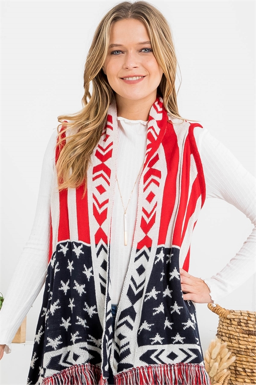 S3-5-2-PN335X001AM - AMERICAN FLAG KNIT  KNEE LENGTH  FRINGE KIMONO VEST /6PCS