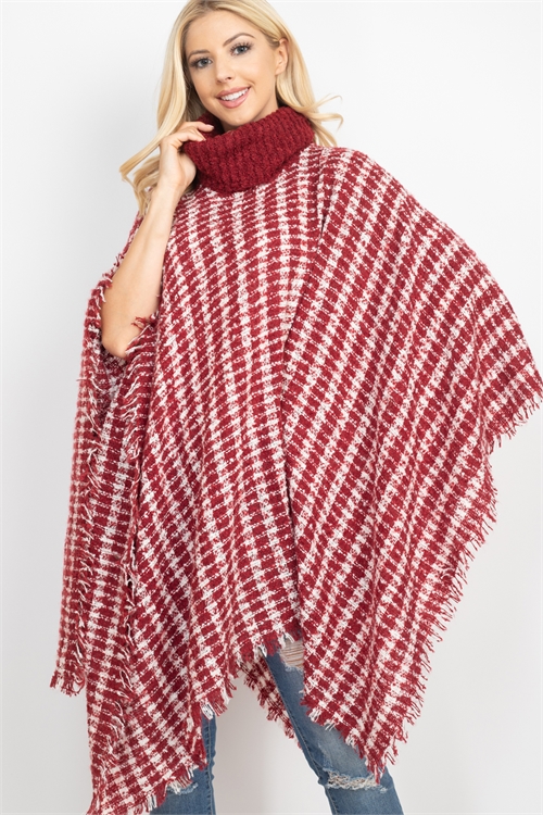 S19-7-1-PN337X003J3 - KNIT STRIPED PLAID SHAWL PONCHO - RED/1PC