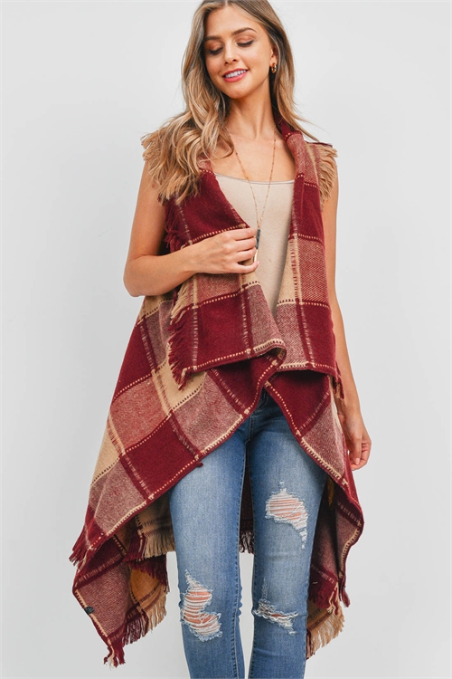 S29-5-5-PN337X006J3 - KNIT PLAID OPEN FRONT KIMONO VEST - BURGUNDY/6PCS