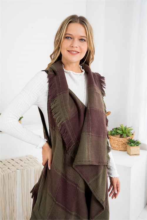 S3-5-1-PN337X006R -  PLAID FRINGE KNEE LENGTH SHAWL VEST-OLIVE/6PCS