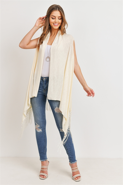 S20-9-5-PN353X006LB- LIGHT BEIGE OPEN FRONT FRINGE TASSEL KIMONO VEST/6PCS