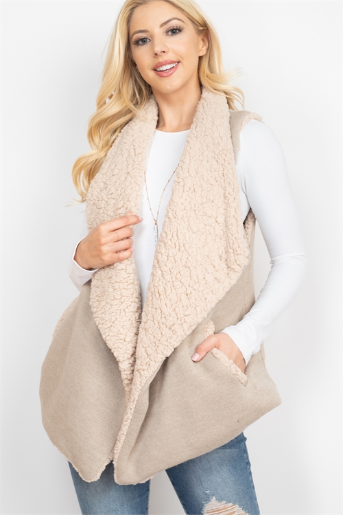 S20-10-2-PN353X084A - WOOL SHAWL VEST WITH POCKET - BEIGE/6PCS