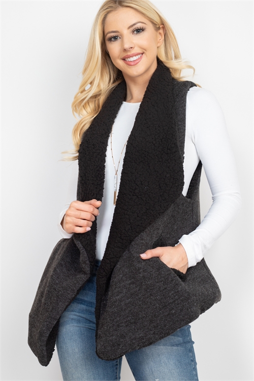 S19-8-2-PN353X084G - WOOL SHAWL VEST WITH POCKET - BLACK/6PCS