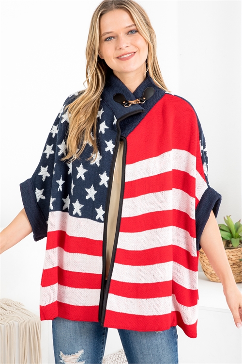 S18-4-3-PN353X088AM - AMERICAN FLAG KNIT W/ ZIPPER & BUCKLE LOCK PONCHO/6PCS