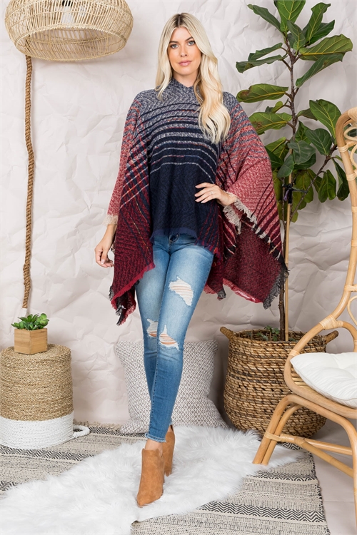 S19-9-6-PN353X126M - TWO TONE HOODED  PONCHO - BURGUNDY/6PCS