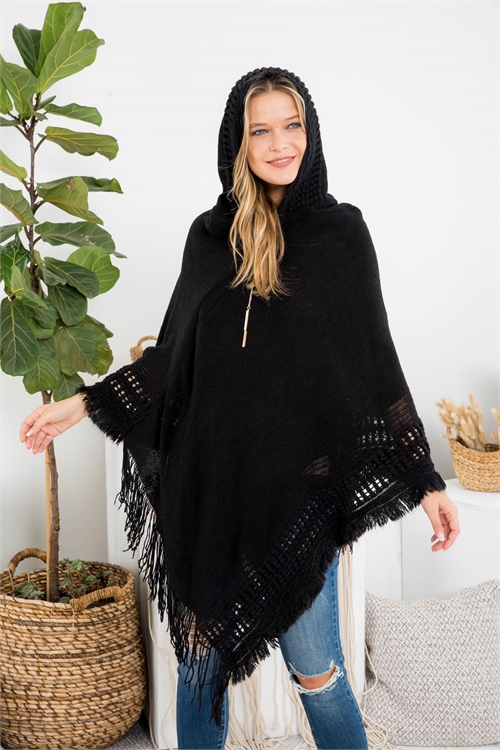 S2-5-2-PN358X005G -  HOODED PONCHO KNIT BRADED TASSEL FRINGE - BLACK/6PCS