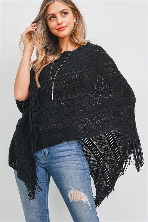 S17-6-2-PN397X002G - KNITTED PATTERN FRINGE PONCHO - BLACK/6PCS