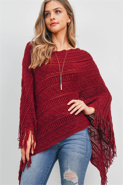 S29-8-1/S18-13-2-PN397X002J3 - KNITTED PATTERN FRINGE PONCHO - BURGUNDY/6PCS