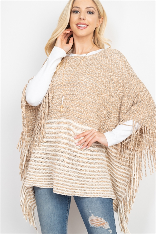 S17-12-6-PN425X125A - KNITTED TWO TONE STRIPED FRINGE PONCHO - BROWN/6PCS