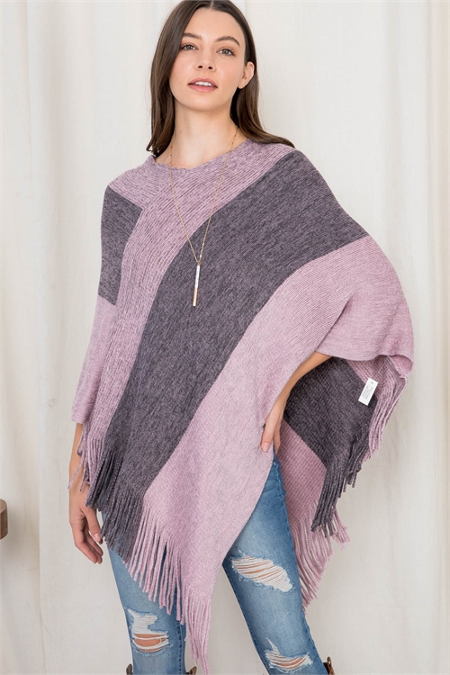 S18-11-6-PN425X126P - TWO TONE KNITTED FRINGE PONCHO - PURPLE/6PCS