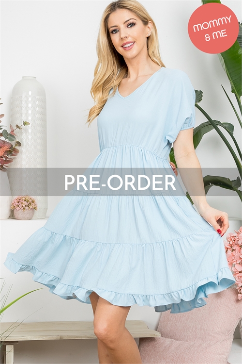 RF5236-PO-YMD10038V-BLLT - SOLID V-NECK SHORT SLEEVE TIERED DRESS- BLUE LT 1-2-2-2 ($11.75/PC ETA: 04/19/2024)