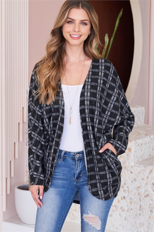 S8-8-1-PPC3001-BK - PLAID ROUND HEM POCKET OPEN CARDIGAN- BLACK 1-2-2-2 (NOW $ 2.75 ONLY!)